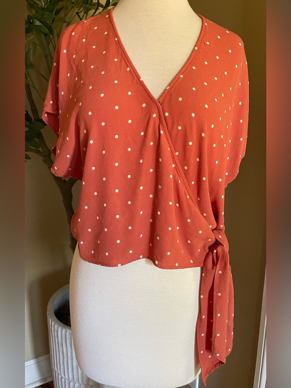Madewell Coral Polka Dot Side-Tie Wrap Blouse